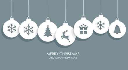 Christmas and New Year's Card Design with Ornament Icons on Blue Background