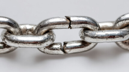 Obraz premium Broken metal chain links close-up background detail shiny texture. Rusted silver connection with imperfections visible highlighting durability and wear in industrial context.