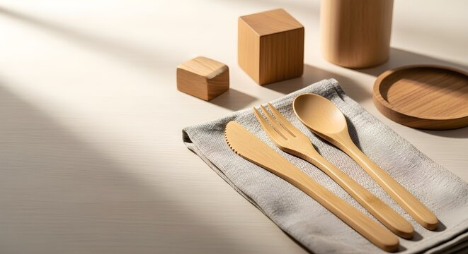 Eco-friendly bamboo cutlery set with knife, fork, and spoon on a linen napkin, surrounded by wooden kitchenware in natural light.