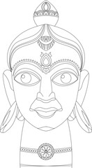 Paper mache mask of the Goddess, Kalamkari folk art, India. Illustration of the face of a Hindu goddess with yellow eyes