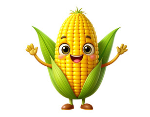 Cheerful Corn Cob Character Waving, Front View, isolated
