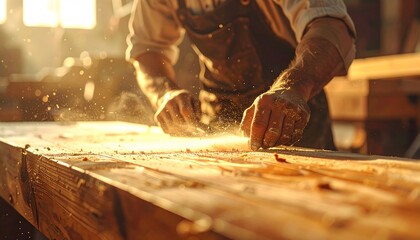 Woodworker Smoothing Wood Surface in a Workshop, Craftsman's Hands Polishing Wood with Dust Particles Flying