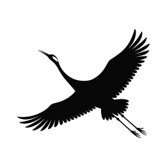 Obraz premium Crane Silhouette Illustration Black Vector Image of a Bird in Flight with Wings Spread Against a White Background in a Simple and Elegant Style
