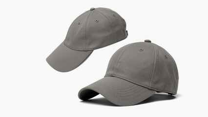 Two gray baseball caps are displayed against a plain white background, showcasing their simple design and versatile style.