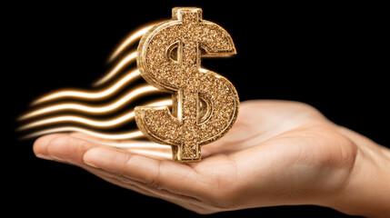 Hand holding glowing glitter dollar sign, generating wealth