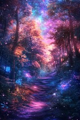 Fototapeta premium A stunning enchanted forest pathway lit by a colorful cosmic night sky. This magical scene features vibrant trees and glowing foliage, ideal for inspiring adventure.