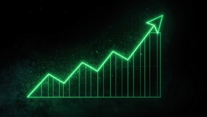 A vibrant green line graph displays a strong upward trend against a dark backdrop, highlighting positive growth and progress.