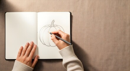 Overhead view of hands drawing a pumpkin in an open sketchbook with a pencil on a textured surface, depicting creativity, fall art, and seasonal hobbies.