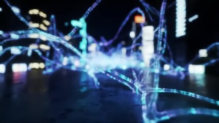 Abstract digital network of glowing blue and purple light trails weaving through a blurred, illuminated cityscape at night. - Powered by Adobe