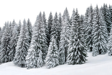 Fototapeta premium snowy landscape filled with fir trees isolated on white background