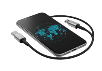 Sleek matte black smartphone angled 45-degrees, glowing screen with abstract network graphic, beside coiled braided charging cable on seamless transparent studio background, high-key aesthetic, modern