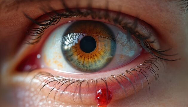 Close-up of man eye with red, inflamed, swollen eyelid. Eyelid abscess with demodex mite infestation, demodicosis disease, hordeolum infection. Eye irritation, blepharitis, gland inflammation. Skin