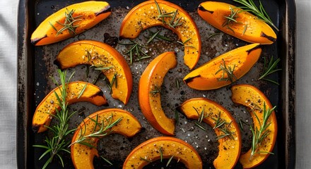 Roasted butternut squash slices with rosemary and seasoning on a baking sheet, a delicious and healthy autumn side dish for a perfect meal.