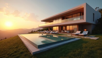 Fototapeta premium Luxurious modern villa with pool view on mountain hills during sunset. Sunbeds, terrace, green grass. Contemporary architecture and idyllic landscape. Holiday destination for real estate business.