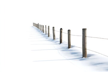 Fototapeta premium serene scene of a fence disappearing into the distance covered in snow isolated on white background