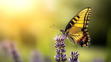 Obraz premium Beautiful butterfly resting on a lavender flower in a peaceful garden at sunset