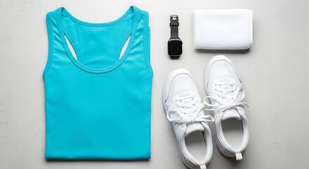 Vibrant turquoise tank top, crisp white sneakers, smart watch, and clean towel laid out for an energetic fitness session or active lifestyle.