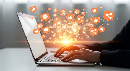 Engage your audience with vibrant social media engagement icons bursting from a laptop screen, creating dynamic online interaction and connection.