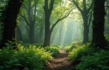 Obraz premium Tranquil path through lush primeval forest in springtime with sunlight beams. Scenic landscape of vibrant green foliage, ferns, moss and tall trees create refreshing natural scenery.
