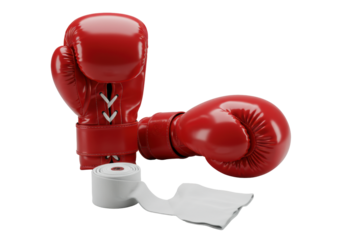 Vibrant red shiny leather boxing gloves with white laces and a folded white hand wrap, isolated on transparent, professional sports equipment concept