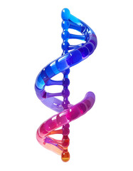 A vibrant, three-dimensional DNA double helix rendered in iridescent blue, pink, and purple hues, appearing translucent and glossy