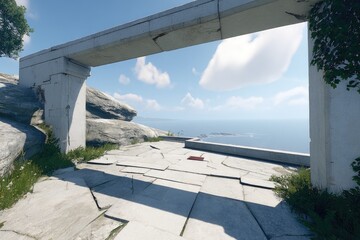 Fototapeta premium Ancient stone archway overlooking a sea vista