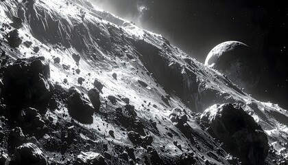 Grayscale asteroid with distant moon, rocky terrain