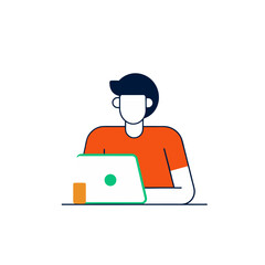 Person working on laptop computer with orange shirt and dark hair