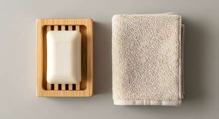 A bar of soap rests in a wooden holder beside a folded, beige towel, captured with a top-down view for a minimalist bathroom theme.