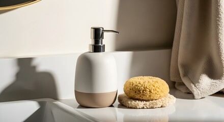 Modern liquid soap dispenser and natural sponges on a bathroom counter, evoking a clean and minimalist self-care routine.