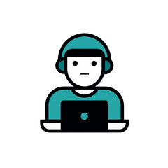 Stylized person with headphones and laptop on black background