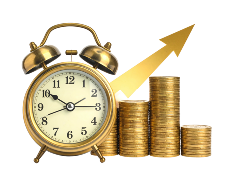 A gold alarm clock beside a rising stack of gold coins, symbolizing growth and time's value