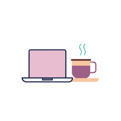 Laptop and hot coffee cup for work or study break