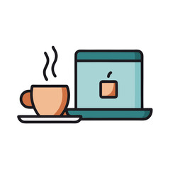 Laptop and steaming coffee cup icon for remote work and productivity