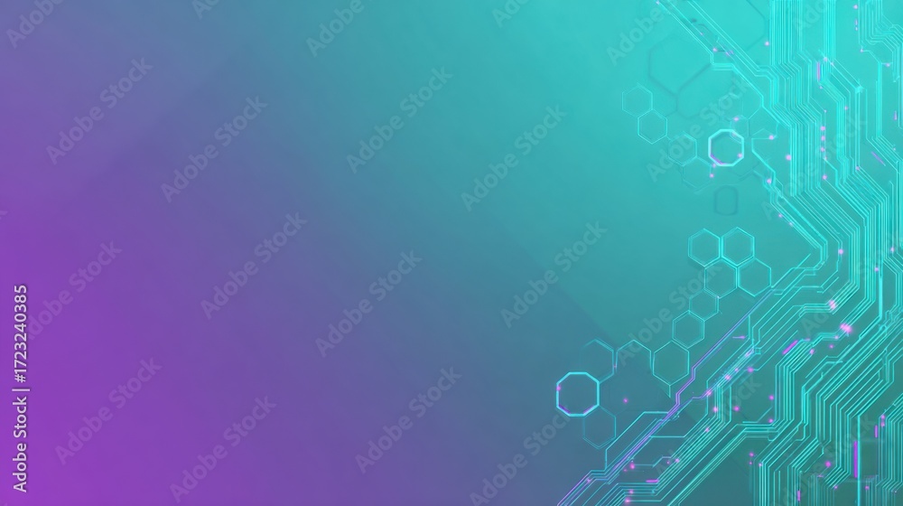 Wall mural abstract hexagonal blue purple gradient background with circuit board digital elements for technolog