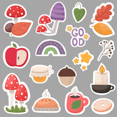 Autumn sticker set with leaves, mushrooms, and a cozy vibe. Flat style illustration.