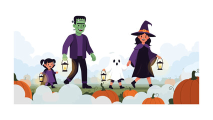 Halloween Family Fun: A whimsical illustration depicts a family dressed in Halloween costumes walking along a path with pumpkins and lanterns.