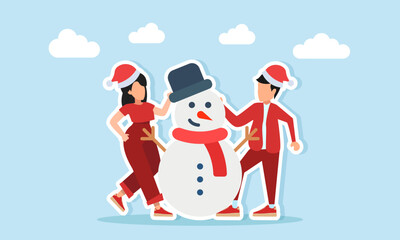 A man and woman in red outfits with Christmas hats standing near a snowman illustration for Christmas celebration appreciation