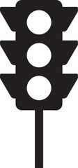 Simple black silhouette of a traffic light with three illuminated circles on a pole