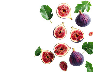 Figs and leaves scattered against a black background; some figs are halved, showcasing their vibrant red interiors