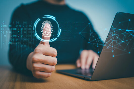 Fingerprint security scan for laptop authentication and digital identity verification technology access