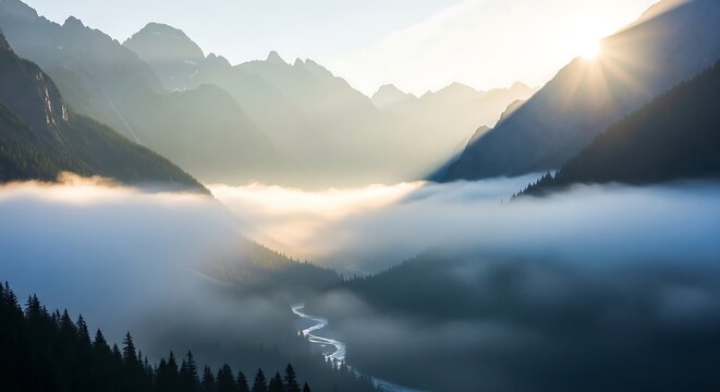 The golden light of a spectacular sunrise illuminates a serene mountain landscape with a river flowing through a foggy valley below - Powered by Adobe