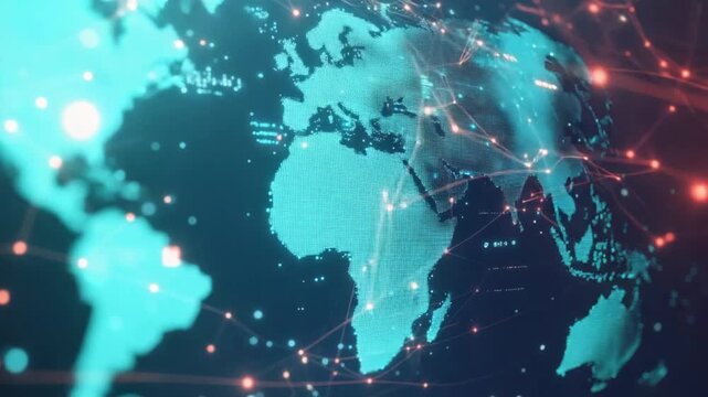 A digital world map glows in blue with connected points representing global communication technology and networking
