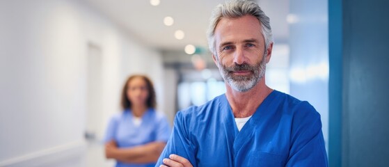 The Experienced Male Nurse Standing Confidently in Hospital Corridor with Colleague