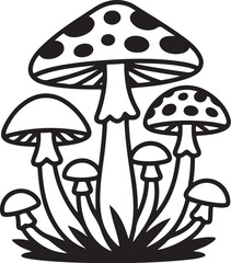 Cluster of Wild Mushrooms Growing in Grass Field Illustrated in Detailed Line Art