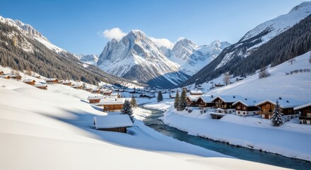 Picturesque alpine village nestled in a snow covered mountain valley under a clear blue sky