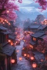 A tranquil evening scene in a traditional village, adorned with glowing lanterns and cherry blossoms, framed by majestic mountains, inviting serenity and beauty.