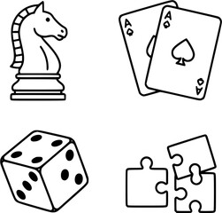 Board games icon set vector illustration featuring chess cards dice and puzzle pieces for game night
