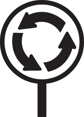 Black and white silhouette of a roundabout traffic sign with circular arrows