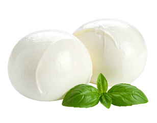 Two creamy white balls of fresh mozzarella cheese, nestled beside vibrant green basil leaves, against a black background